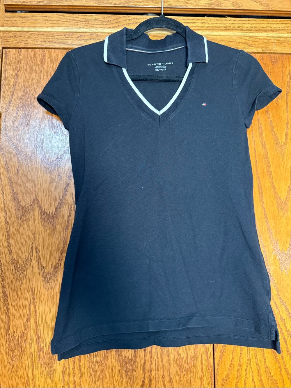 Tommy Hilfiger Black V-Neck Polo Top with White Trim
